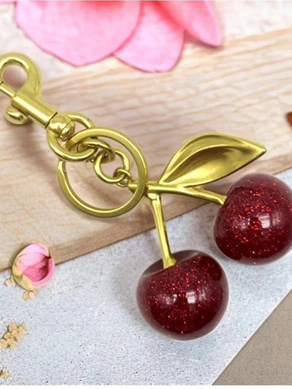 COACH Gold Cherry Keychain with Glitter Red Cherries - Picture 7 of 10